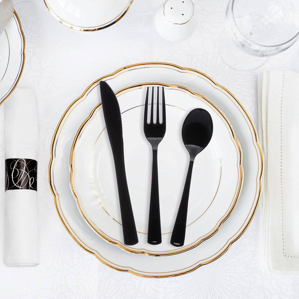 Party Essentials - N501732 Extra Heavy Duty Cutlery Kit with Black Fork/Knife/Spoon and 3-Ply White Napkin (Case of 300 rolls)
