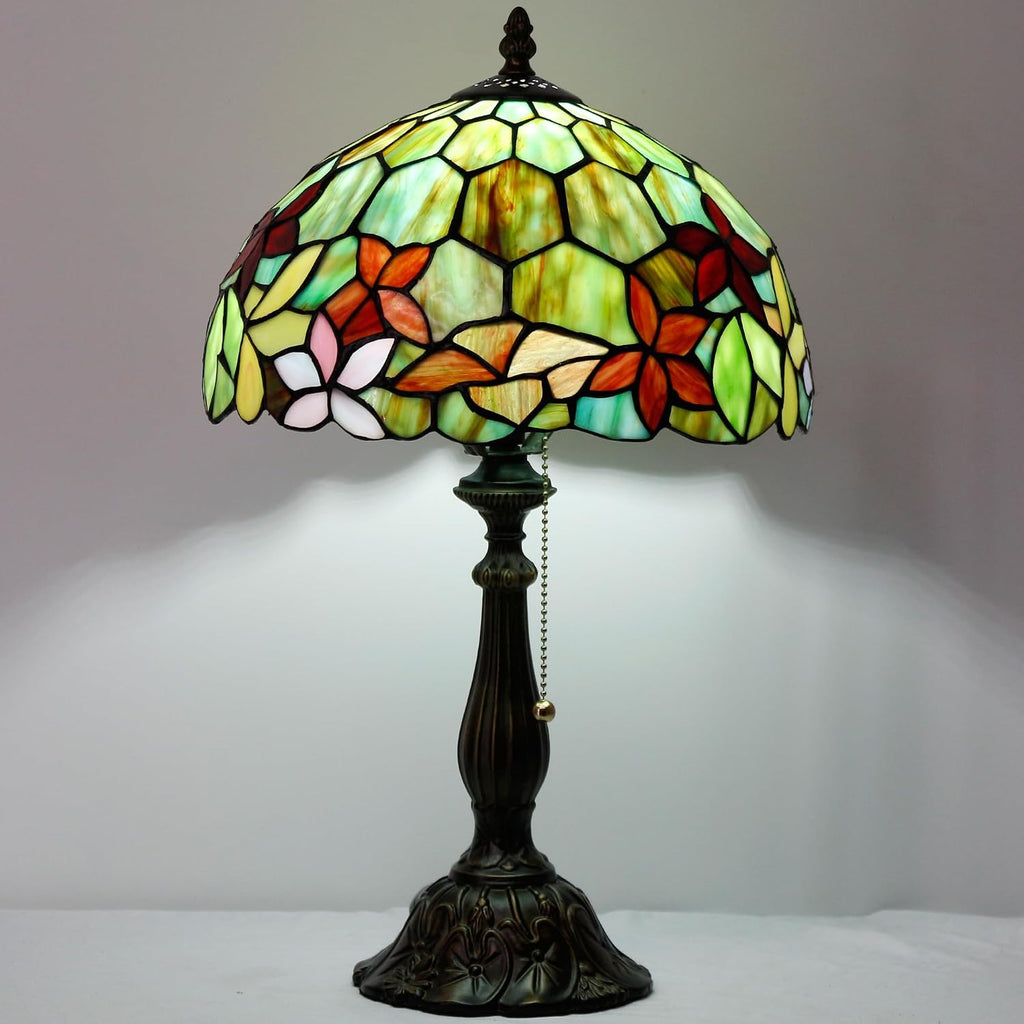 Tiffany Table Lamp Stained Glass Lamp 12X12X19 Inch Antique Reading Light (Red Green Flowers)