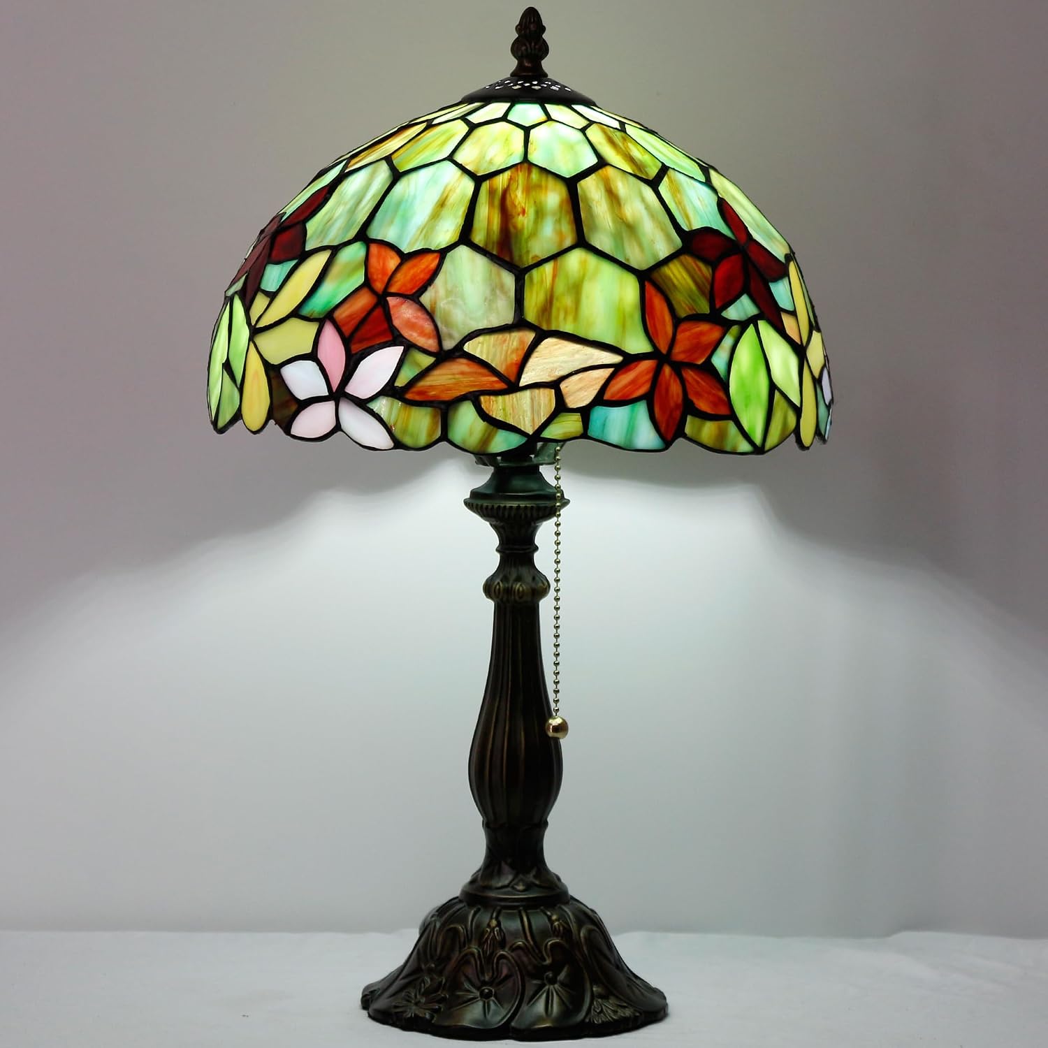 Tiffany Table Lamp Stained Glass Lamp 12X12X19 Inch Antique Reading Light (Red Green Flowers)