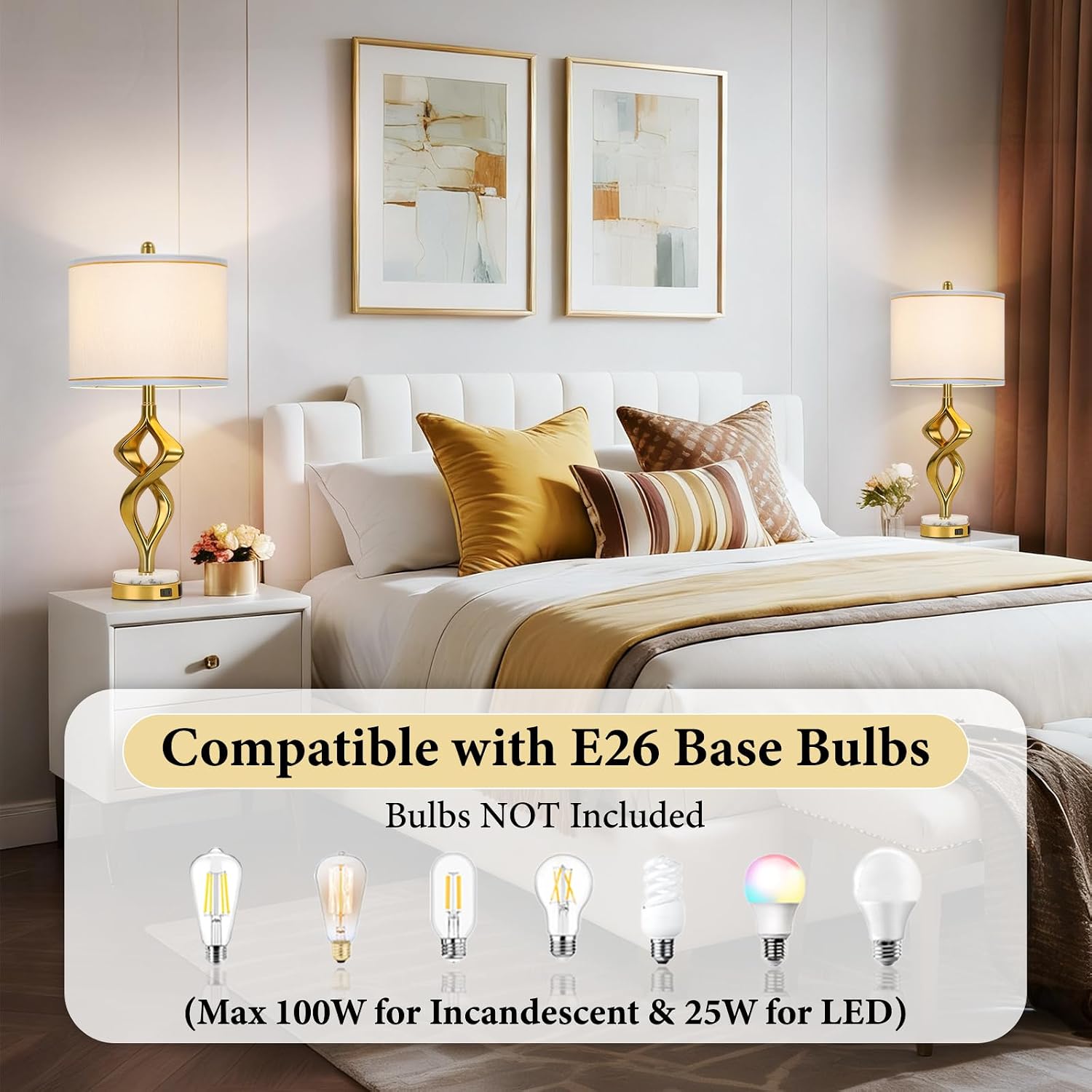28.5' Modern Sculptural Living Room Table Lamps Set of 2 with USB A+C & AC Outlet, Gold Bedside Table Lamps with White Marble Base & Linen Shade, Nightstand Lamps for Bedroom Study Office Hotel Bar