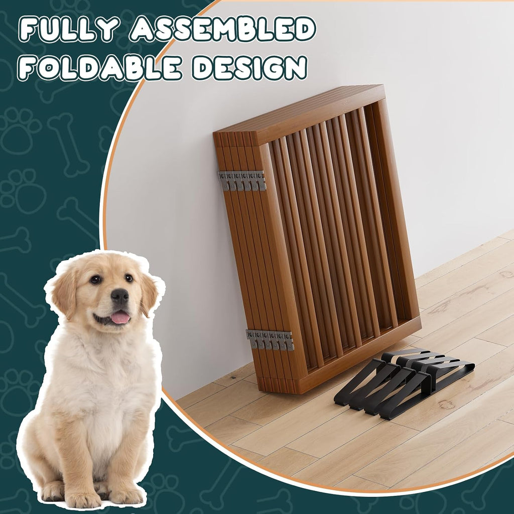 Semiocthome Walnut Dog Gates for Doorways, 6-Panel Freestanding Dog Gate Indoor for the House Stairs, 24' H Foldable Wooden Pet Gates with 4PCS Metal Stands, Expands Up to 110' (W)