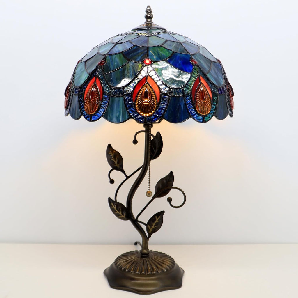 Tiffany Lamp Sea Blue Peacock Tail Style Stained Glass Table Lamp Desk Bedside Reading Light 12X12X19 Inches with Metal Leaf Base