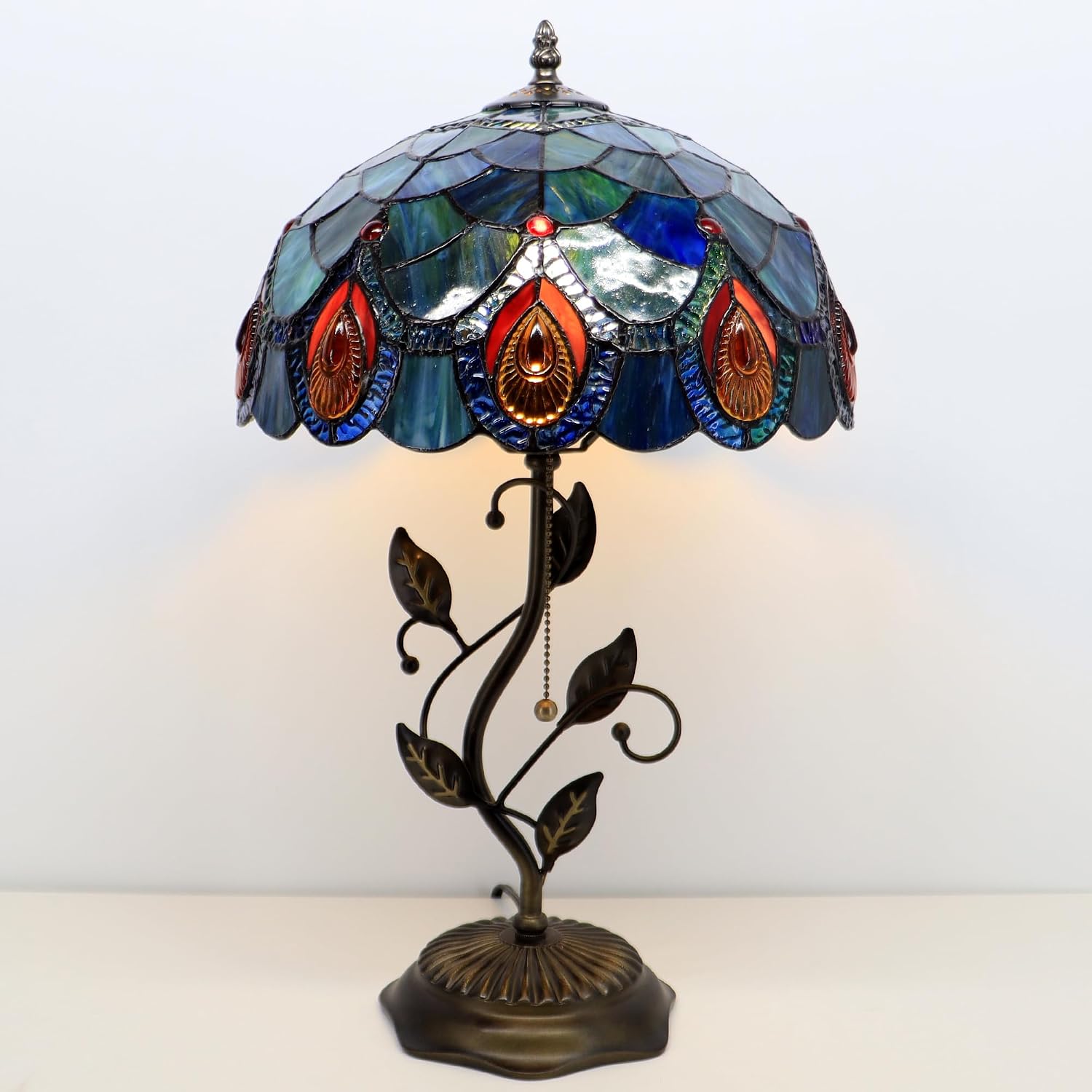 Tiffany Lamp Sea Blue Peacock Tail Style Stained Glass Table Lamp Desk Bedside Reading Light 12X12X19 Inches with Metal Leaf Base