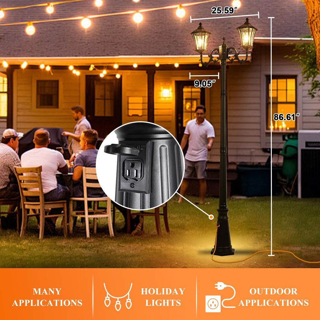 Dusk to Dawn Outdoor Lamp Post Lights with Outlet, Hardwired 2-Head Street Light Fixtures with Patterned Glass, Waterproof Outside Pole Lamps for Backyard, Garden, Driveway