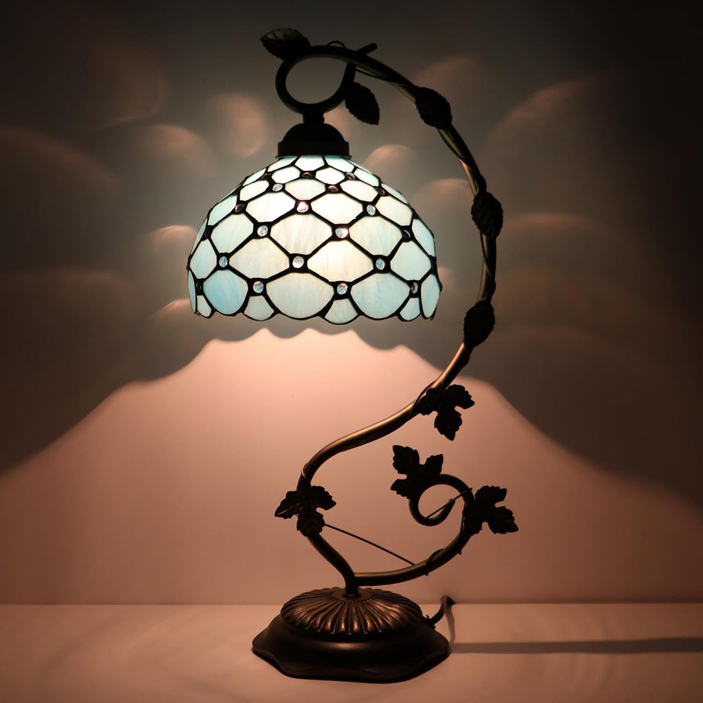 Tiffany Table Lamp, Stained Glass Desk Reading Light,Metal Leaf Table Lamp Base 8X10X21 Inches (Sea Blue Beads)