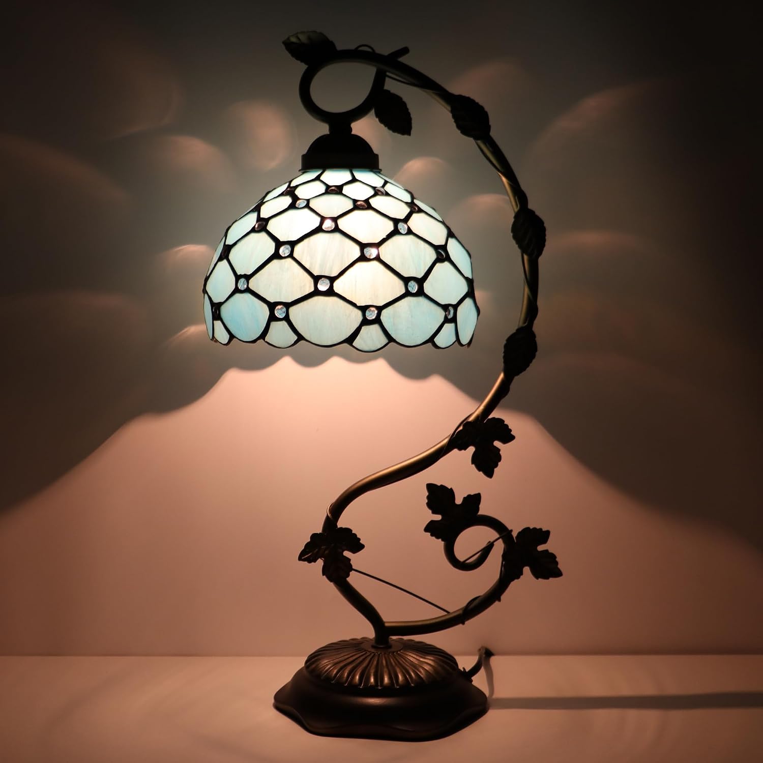 Tiffany Table Lamp, Stained Glass Desk Reading Light,Metal Leaf Table Lamp Base 8X10X21 Inches (Sea Blue Beads)