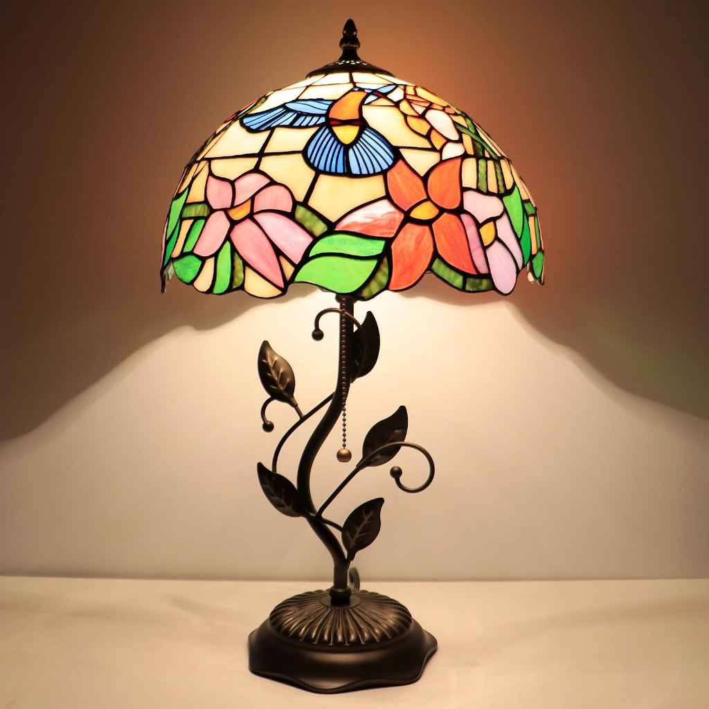 Tiffany Lamp Hummingbird Style Stained Glass Table Lamp Desk Bedside Reading Light 12X12X19 Inches with Metal Leaf Base
