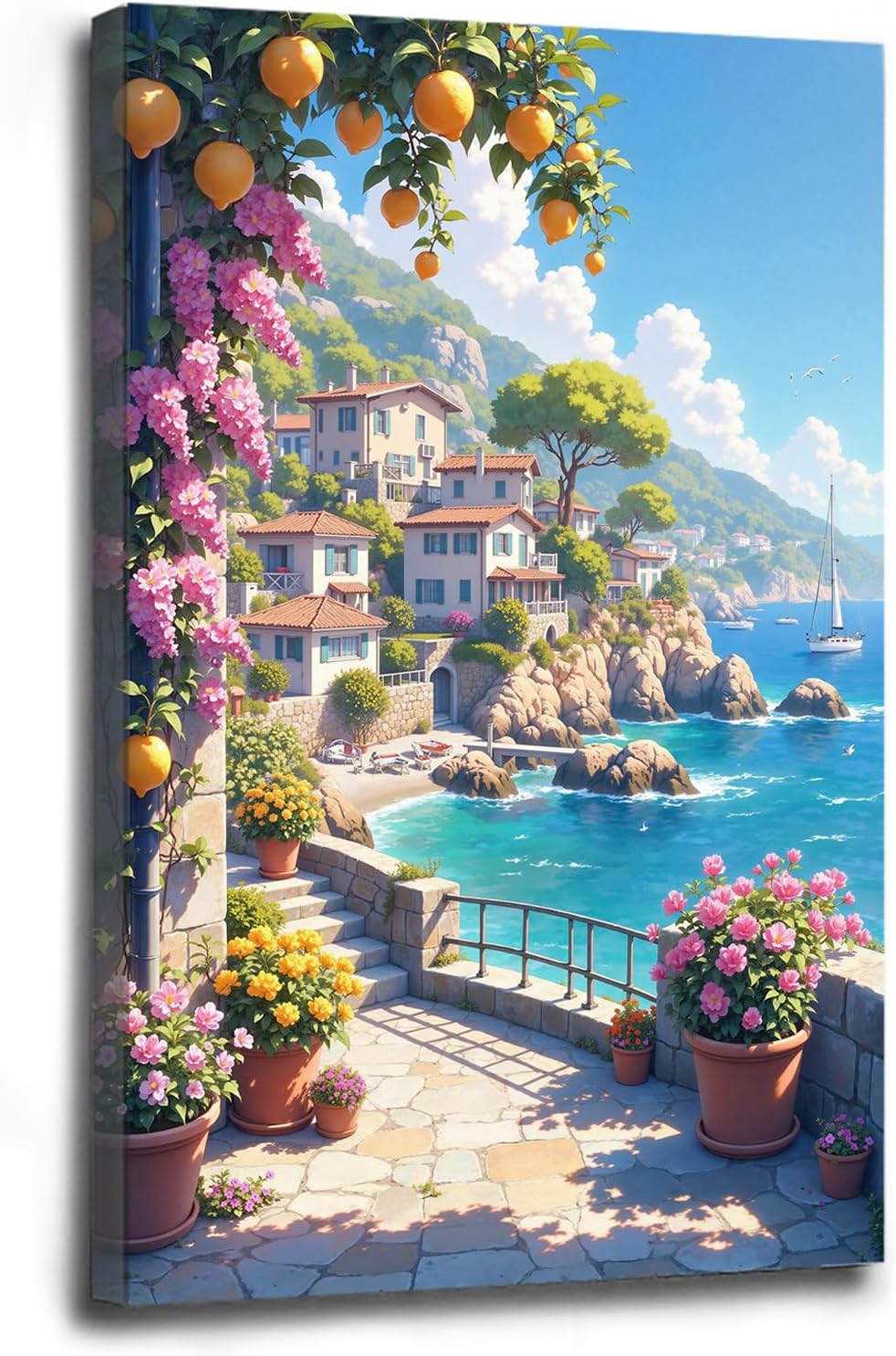 Italian Amalfi Coast Lemon Tree Garden Mediterranean Style Wall Art | Wrapped canvas, space display, nature landscape poster, Mediterranean style, no glare