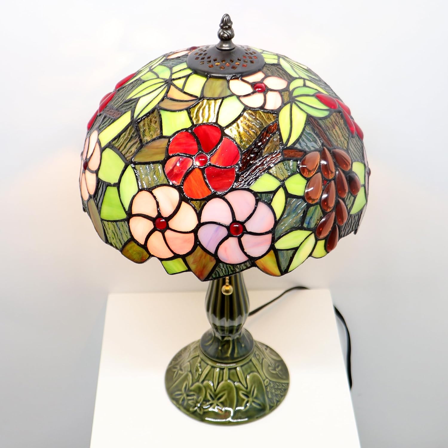 Tiffany Lamp Stained Glass Table Lamps Amber Grape Style Desk Lamp 12X12X18.5 Inch Bronze Ceramic Base Reading Light Suitable for Bedside Bedroom Living Room Dining Room Office
