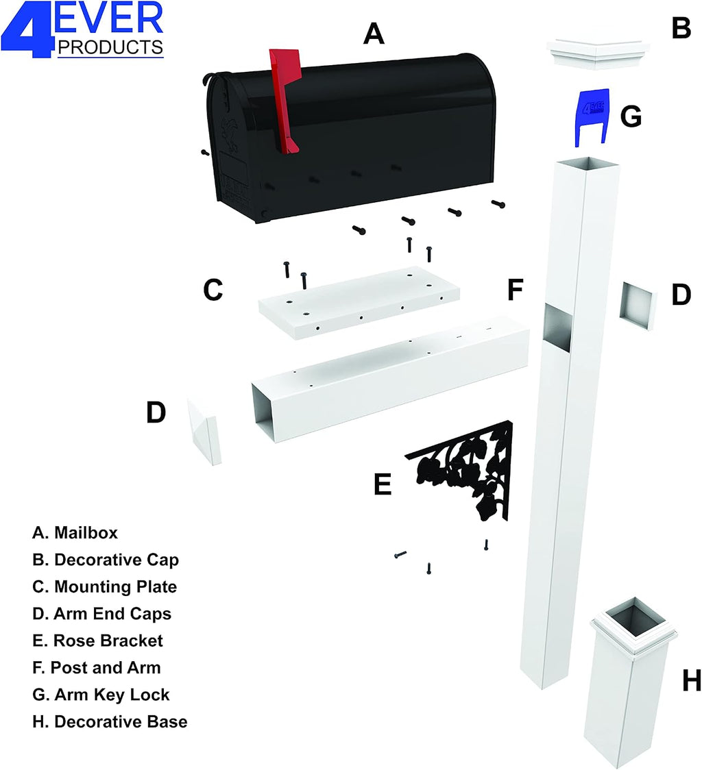 4Ever Products The Coolidge Vinyl/PVC Mailbox Post (Includes Mailbox) Complete Decorative Curbside Mailbox System with Classic Traditional Style (White Mailbox)