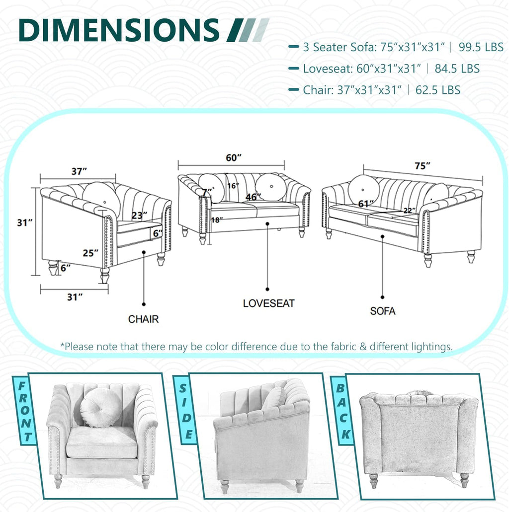 Chesterfield Sofa for Living Room Furniture Set, Classic Upholstered White Sofa Couch, 3 Seat Velvet Fabric Couch with Rivet Decor & Matched Pillows for Home/Office(Cream White, 3 Seater)