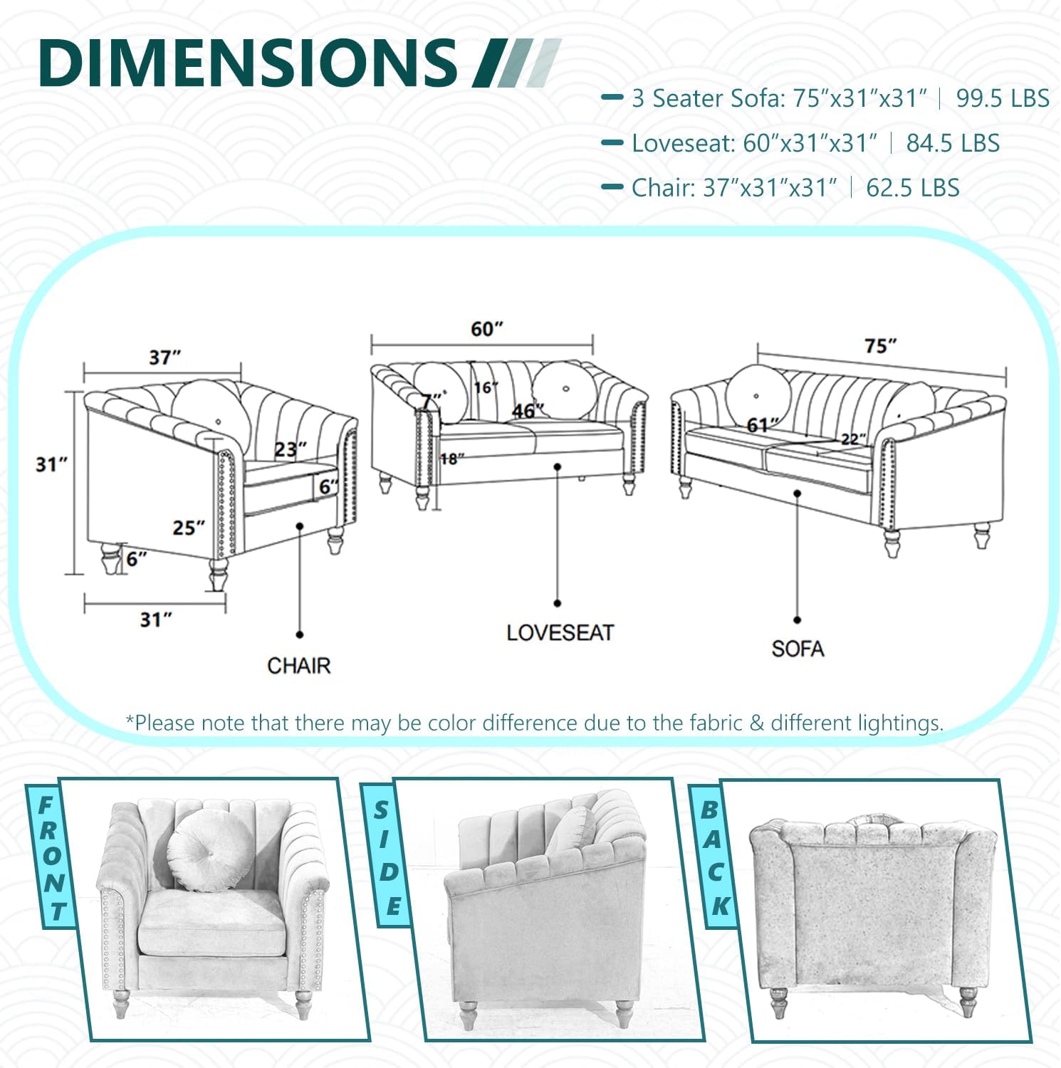 Chesterfield Sofa for Living Room Furniture Set, Classic Upholstered White Sofa Couch, 3 Seat Velvet Fabric Couch with Rivet Decor & Matched Pillows for Home/Office(Cream White, 3 Seater)