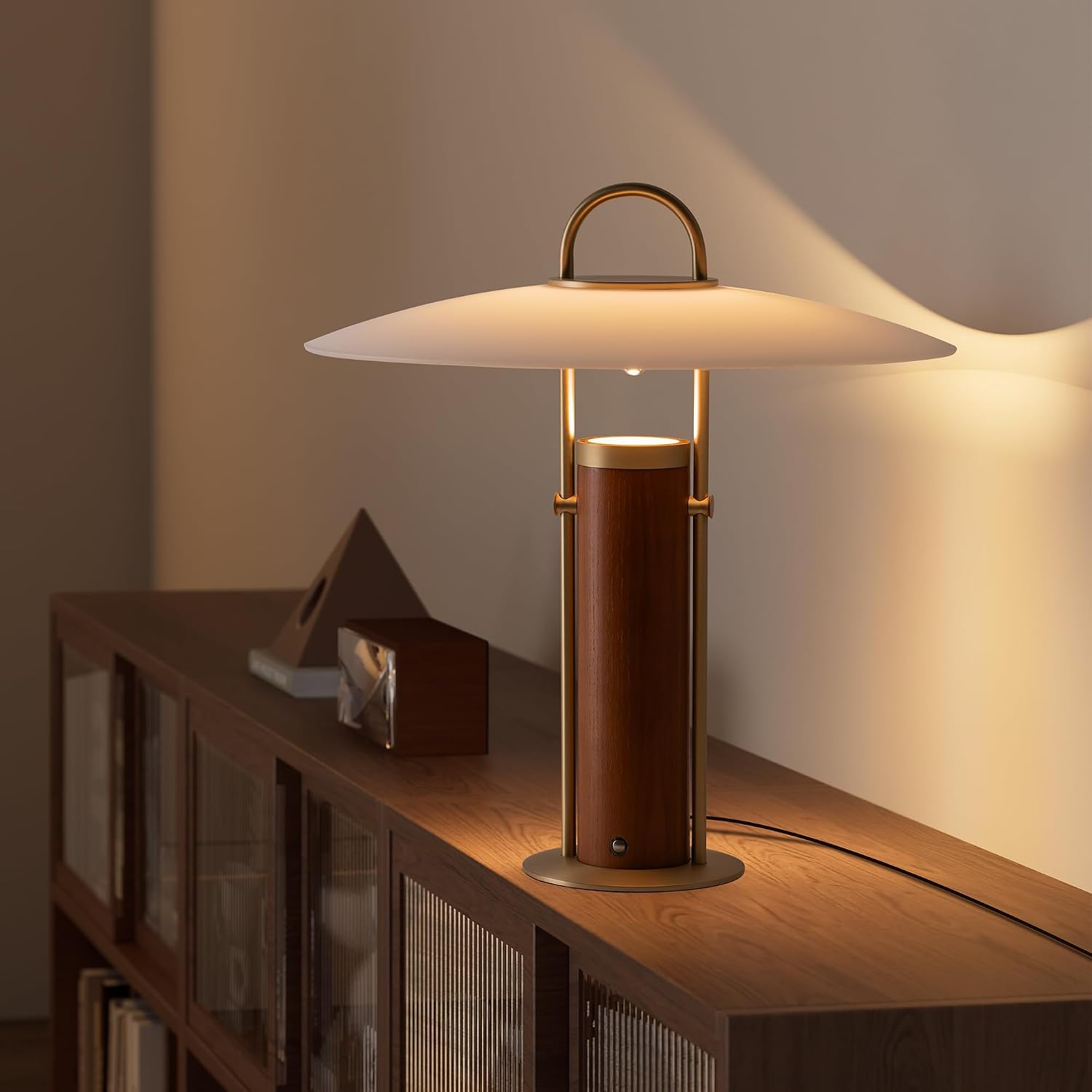 Aisilan 12W LED Gold Desk Lamp, Plug-in Touch Dimmable Bedside Light with Pure Brass, Frosted Glass & White Ash Wood, Mid-Century Modern Design