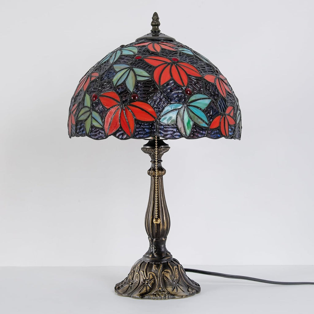 Tiffany Style Table Lamp, 12 Inch Stained Glass Bedside with Red Green Maple Leaf Design Vintage Handcrafted Nightstand Lamp for Reading Living Room Bedroom Office