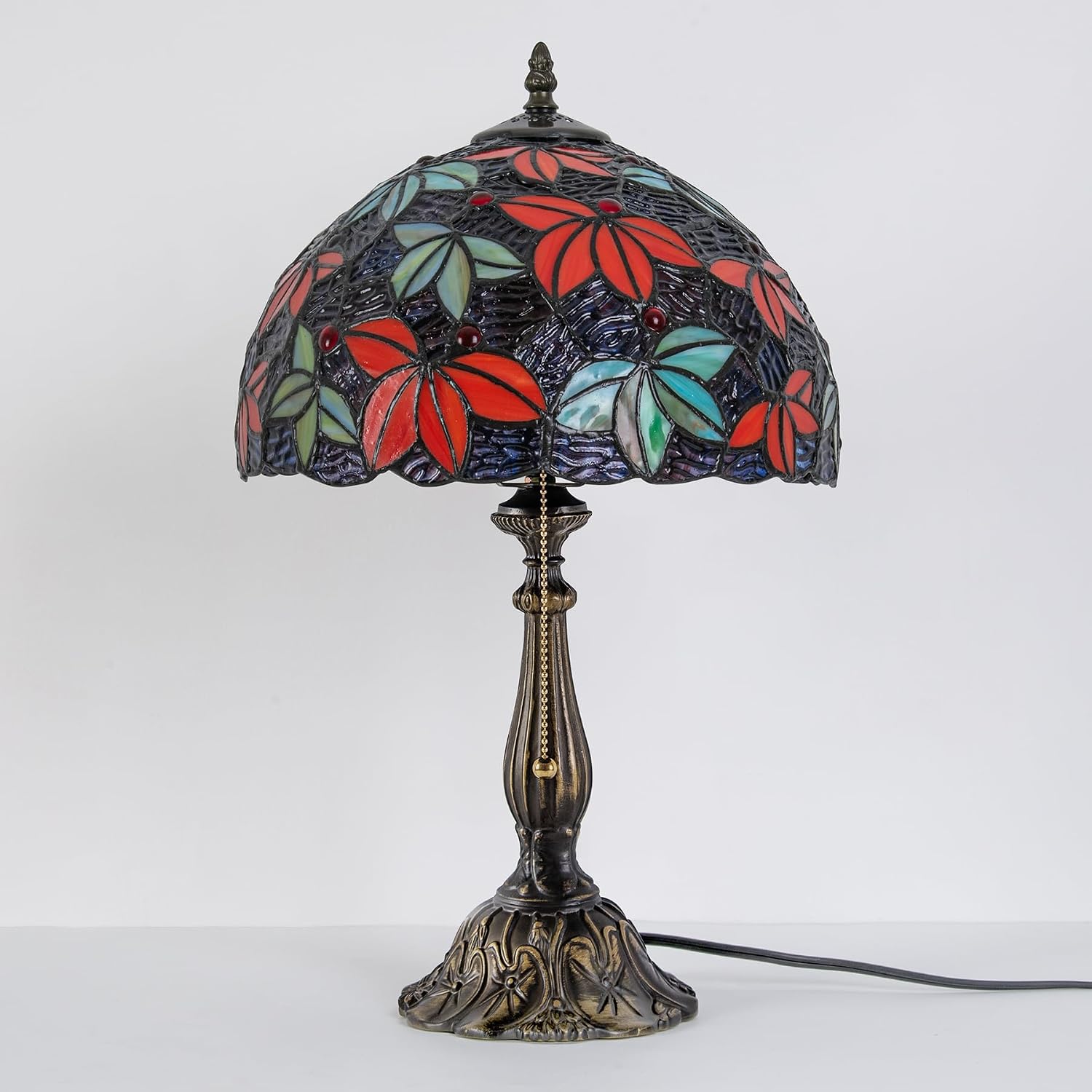 Tiffany Style Table Lamp, 12 Inch Stained Glass Bedside with Red Green Maple Leaf Design Vintage Handcrafted Nightstand Lamp for Reading Living Room Bedroom Office