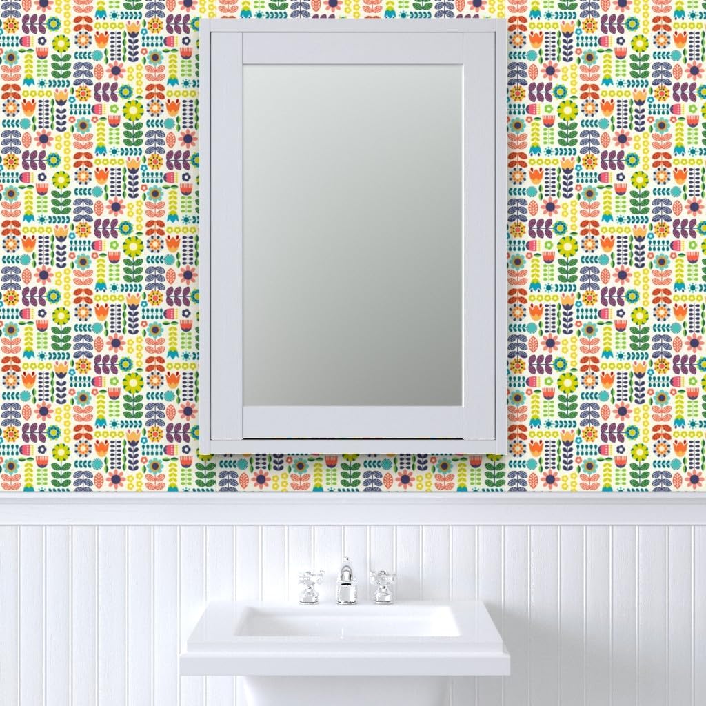 Spoonflower Swedish Folk Art Peel and Stick Removable Wallpaper | Roll 24' x 144' | Hygge Rainbow Floral Cute Modern | Self-adhesive, removable and renter-friendly