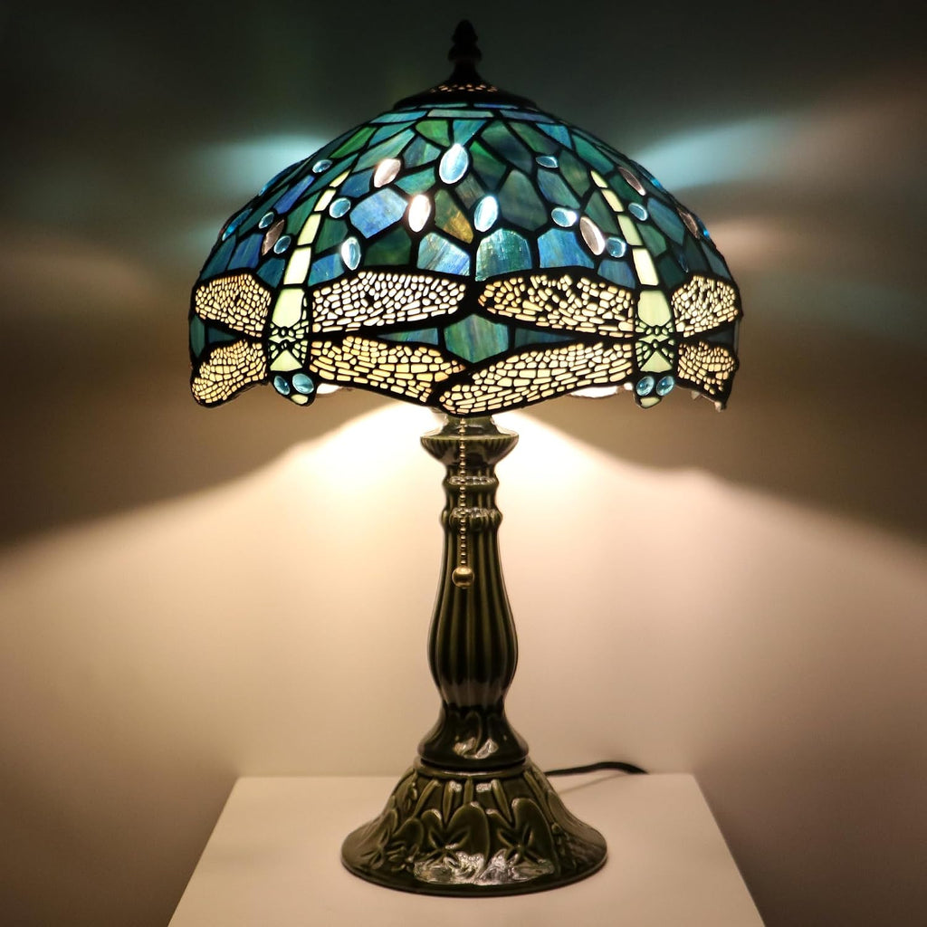 Tiffany Lamp Stained Glass Table Lamps Sea Blue Dragonfly Style Desk Lamp 12X12X18.5 Inch Bronze Ceramic Base Reading Light Suitable for Bedside Bedroom Living Room Dining Room Office