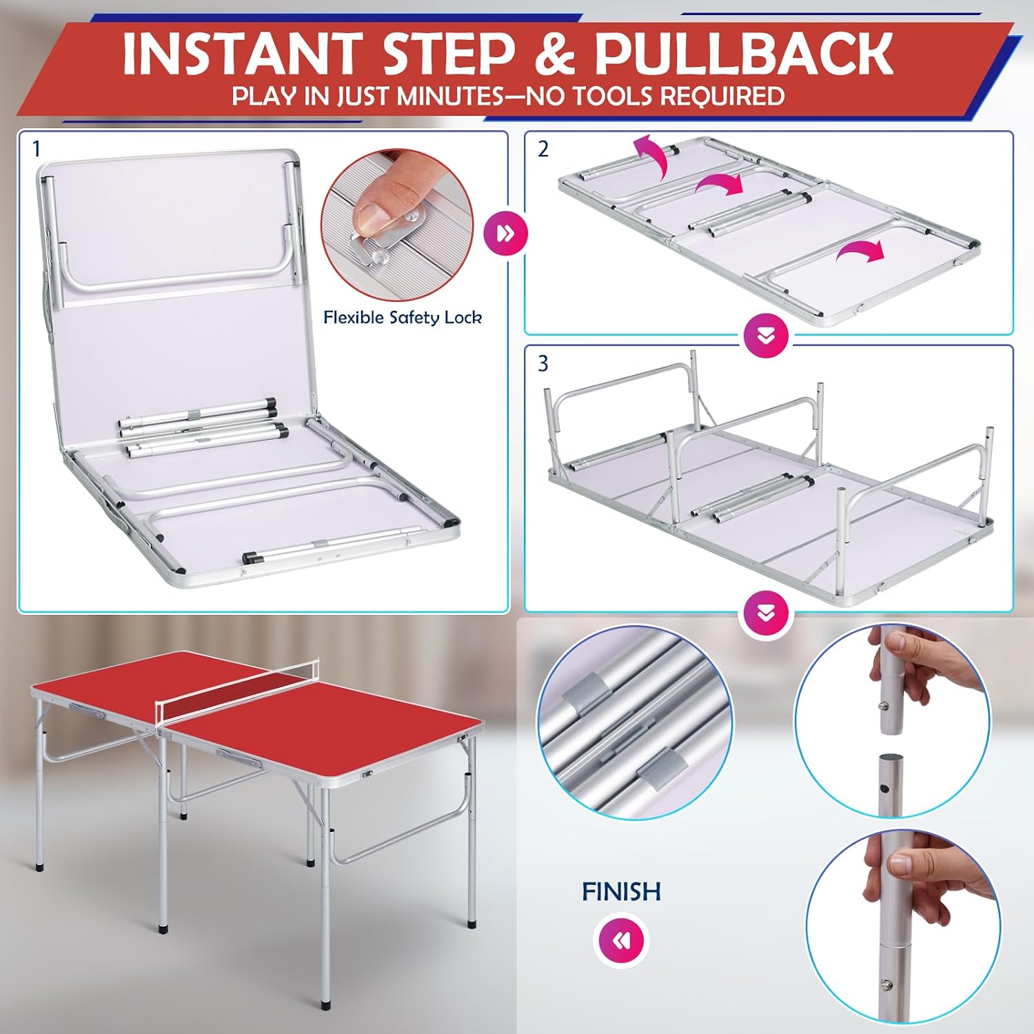 Portable Ping Pong Table, Foldable Indoor Table Tennis Tables Game, Folding Indoor Table Tennis w/ 2 Paddles, 2 Balls and Net for Adults/Teens, Quick Assembly