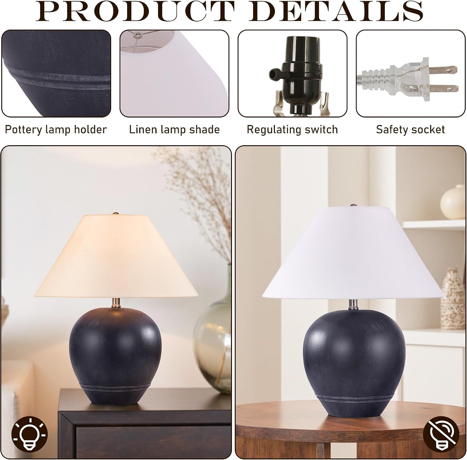 Pia Ricco 21'' Medium Size Black Glossy Ceramic Base Ceramic Basin Table Lamp Set of 2 for Bedroom, Living Room, Dining Room, Office, White Shade,Black Base