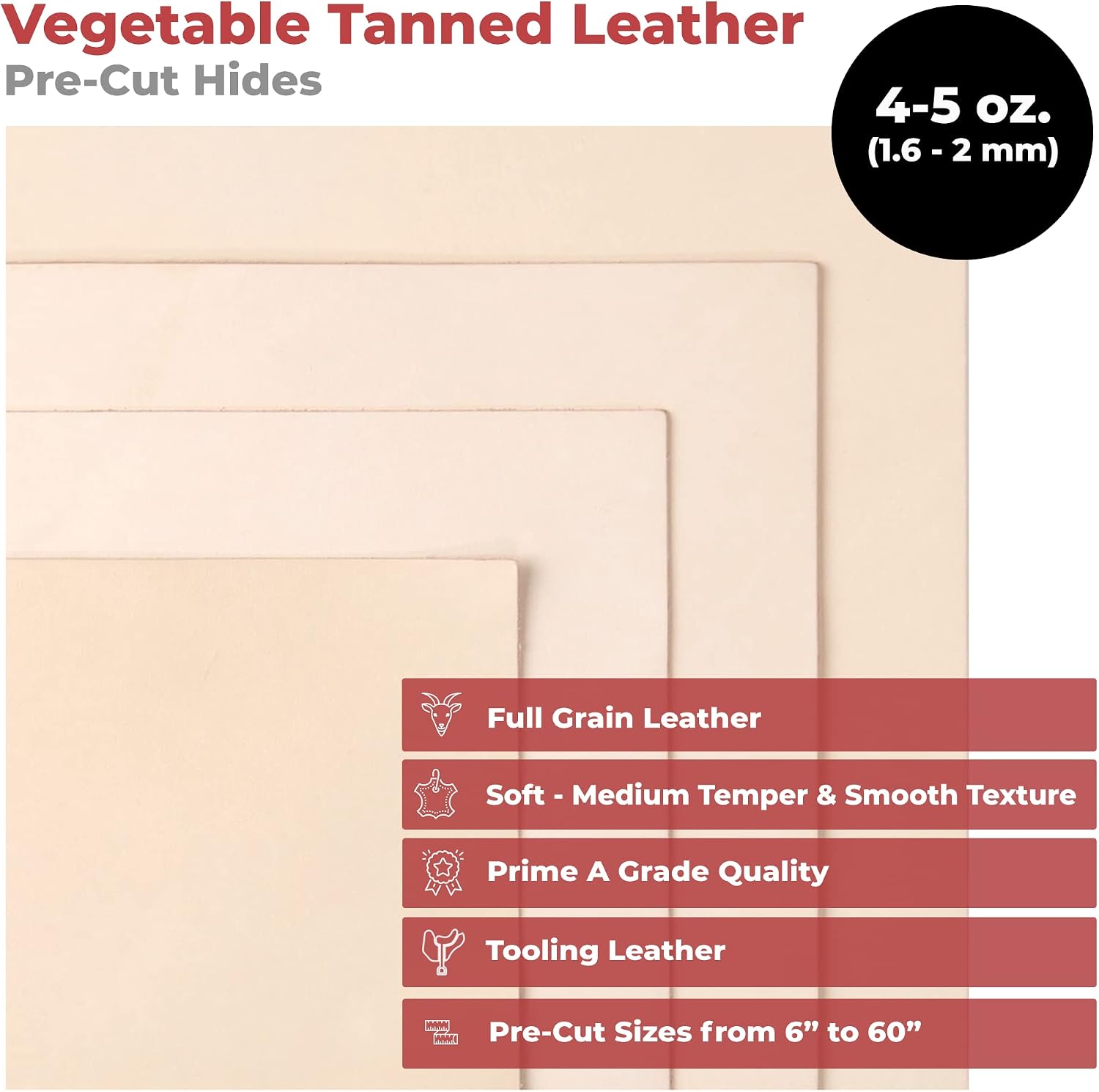 ELW Full Grain Cowhide Leather 4-5 oz [1.6-2mm] Thickness in Pre-Cut Size: 8-10 SQ FT, AB Grade Hide Vegetable Tanned Leather Using for Tooling, Carving, Molding, Dyeing Material for Craft, Hobby