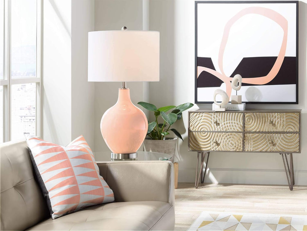 Color + Plus OVO 28 1/2' Tall Modern End Table Lamp Mellow Coral Pink Brushed Nickel Finish Glass Single Linen White Shade Living Room Bedroom Bedside Nightstand House Office Home Reading Kitchen