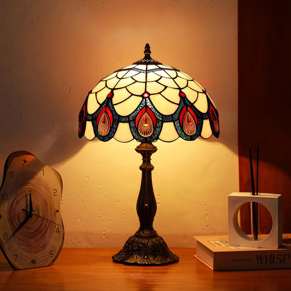 Tiffany Lamps Light Pink Peacock Tail Style Stained Glass Table Lamp Desk Bedside Reading Light 12X12X18.5 Inches with Bronze Resin Base Applicable to Bedroom Living Room Office