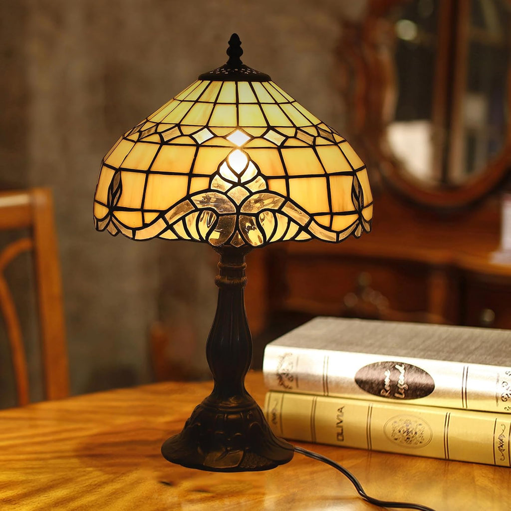 Tiffany Vintage Table Lamp,Pink Baroque Stained Glass Vintage Lamps,Bedside Nightstand Lamps for Bedroom,Living Room,Home Office Desk Lamp,LED 3 Color Temperatures Bulb,12X12X19Inch