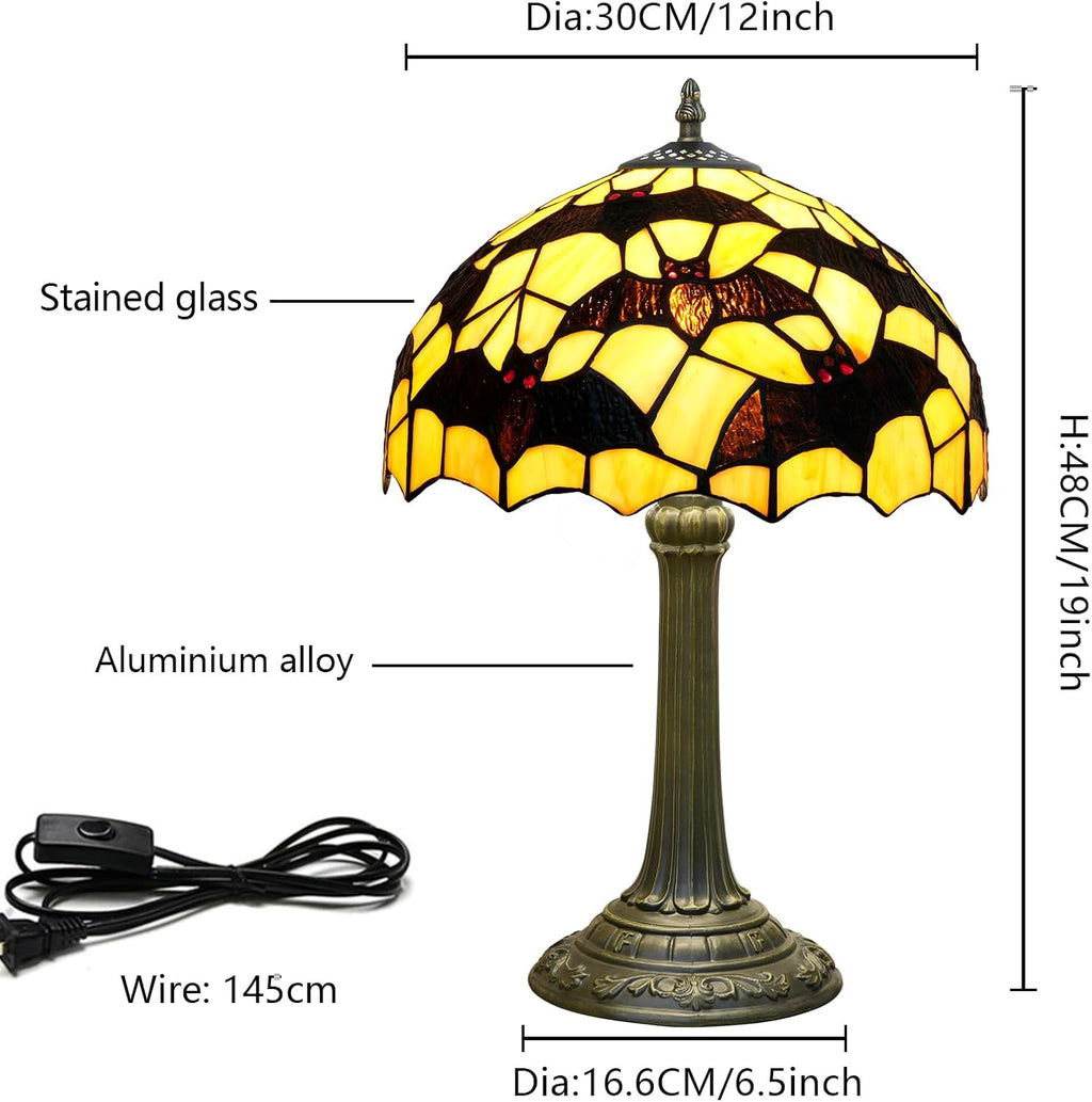 Tiffany Lamp Black Bat Style Stained Glass Table Lamp Vintage Bedroom Bedside Light for Home Dorm Office Art Craft Antique Decor Accent Aesthetic Nightstand Reading Light 12x12x19 Inches