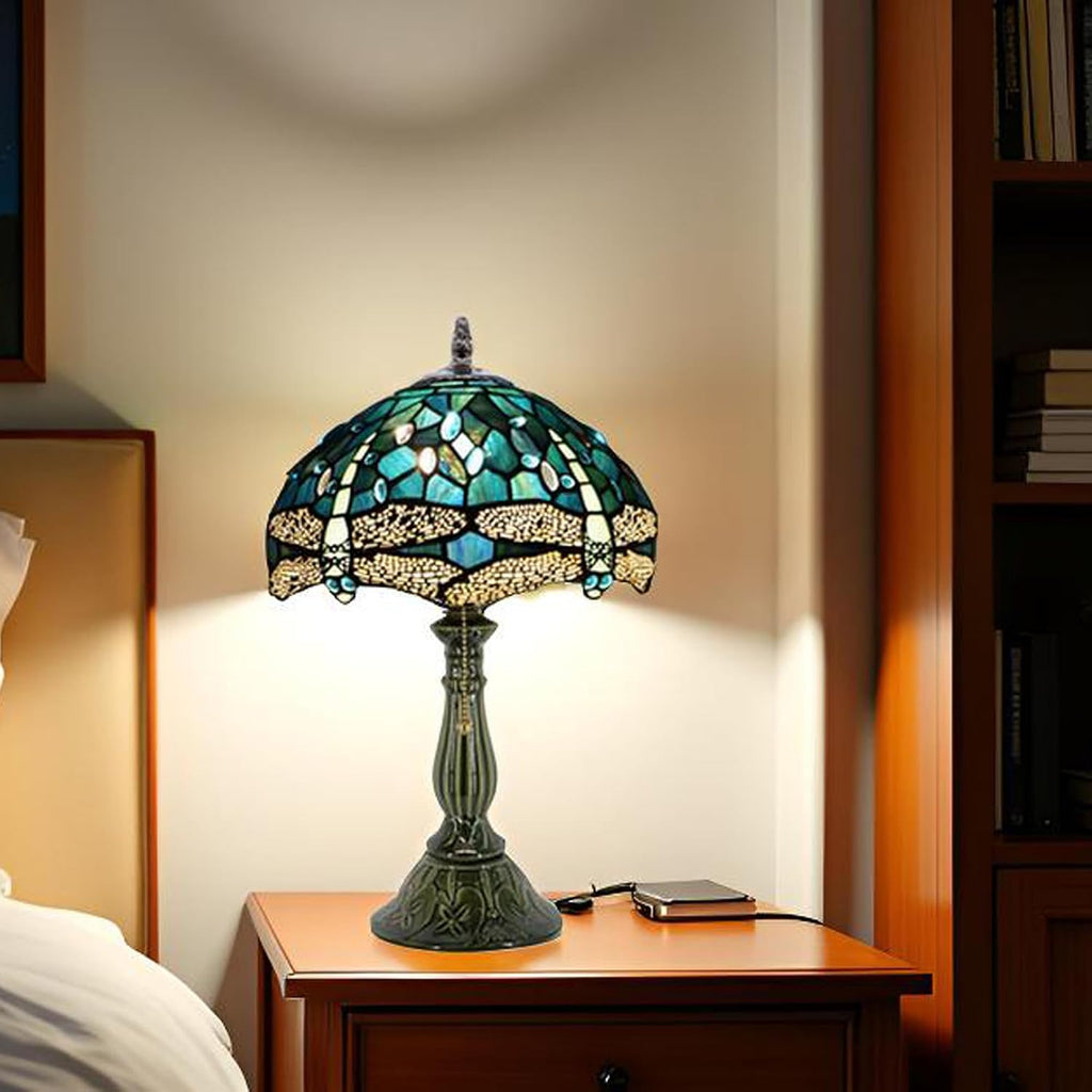 Tiffany Lamp Stained Glass Table Lamps Sea Blue Dragonfly Style Desk Lamp 12X12X18.5 Inch Bronze Ceramic Base Reading Light Suitable for Bedside Bedroom Living Room Dining Room Office