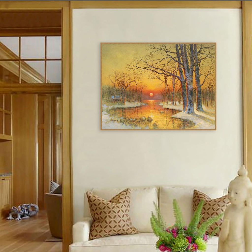 Toperfect 30 Original Landscape Paintings Winter Art Canvas, After Snow Wall Painting Nature, Trees by Water Room decor, Handmade Orange Warm Sunset Home Decorations by College Teachers 2