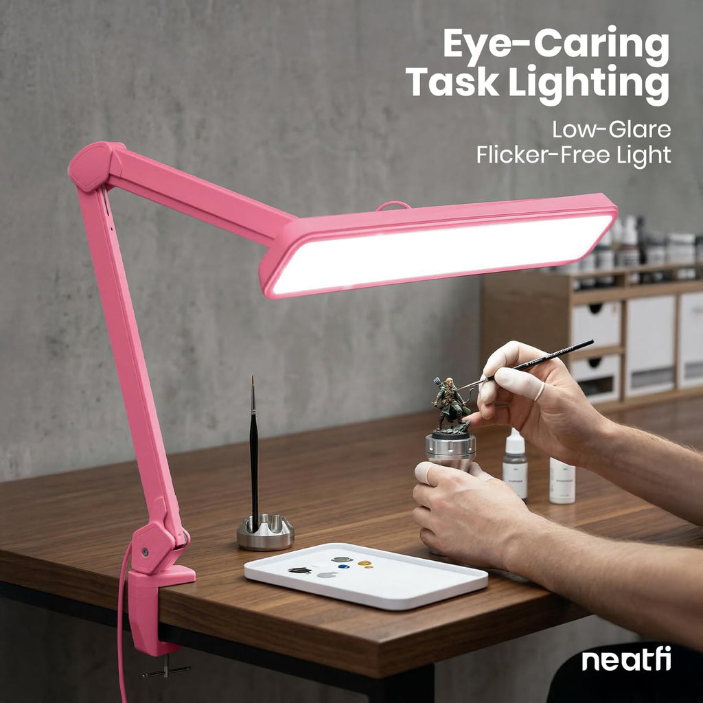 Neatfi XL 2,500 Lumens 30W LED Task Lamp for Manicure Table, Crafts, Workbench, Office – 22' Wide Shade Desk Light | Eye-Caring 6500K | 4-Level Brightness (Pink, Non-CCT with Clamp)