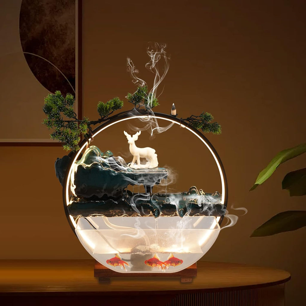 17Inch Mini Fish Tank Tabletop Decoration Indoor Waterfall Fountains Humidifier with LED Light and Atomizer Mist, Water Fountain Japanese Zen Decor Meditation Fake Plants Bonsai Gift