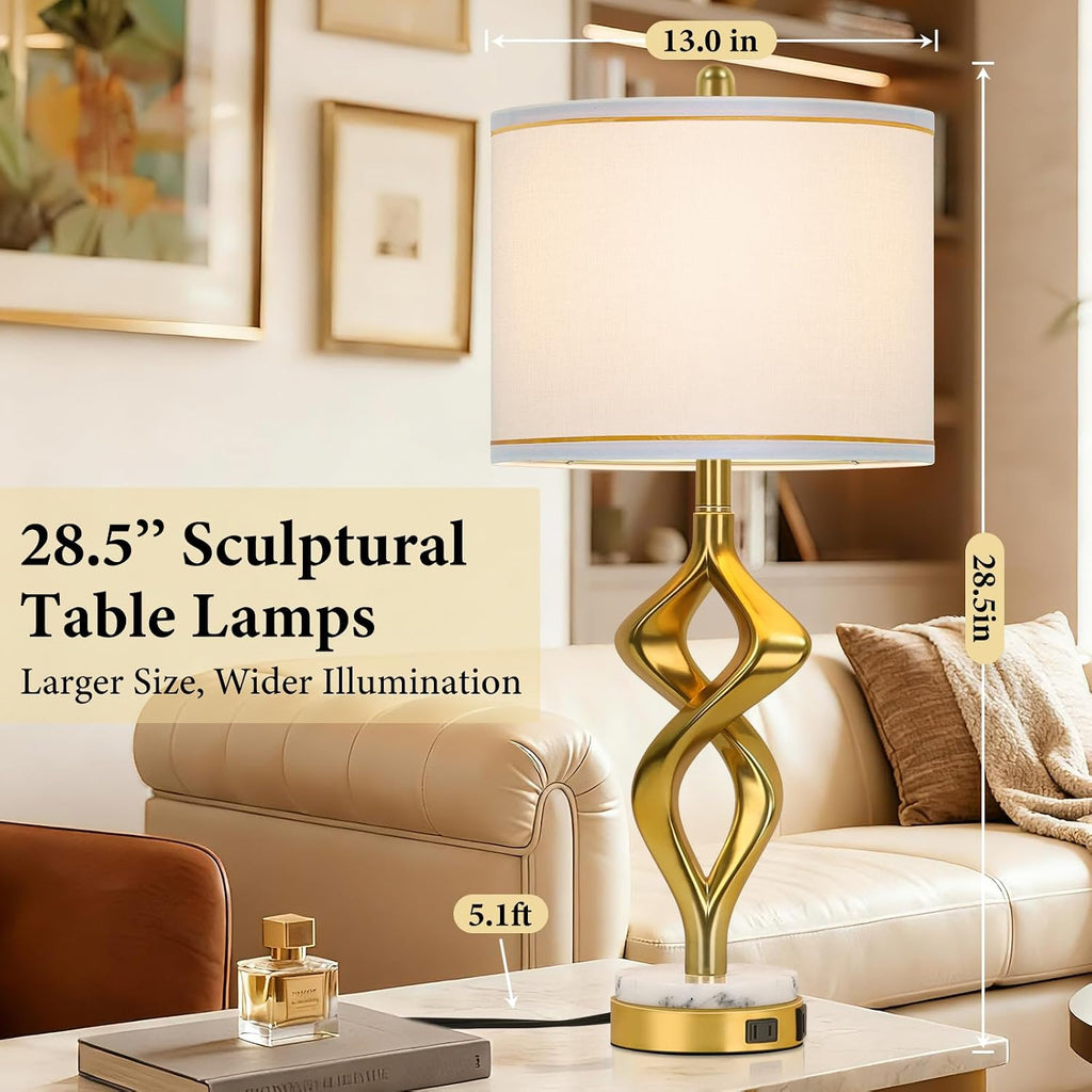 28.5' Modern Sculptural Living Room Table Lamps Set of 2 with USB A+C & AC Outlet, Gold Bedside Table Lamps with White Marble Base & Linen Shade, Nightstand Lamps for Bedroom Study Office Hotel Bar