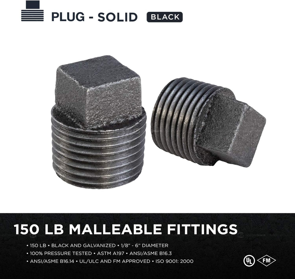SUPPLYGIANT BMPL1000S-5 BMPL1000-5 Black Pipe Fitting, Malleable Iron Plug with Square Head Threaded Connector 1 Inch (Pack of 5)