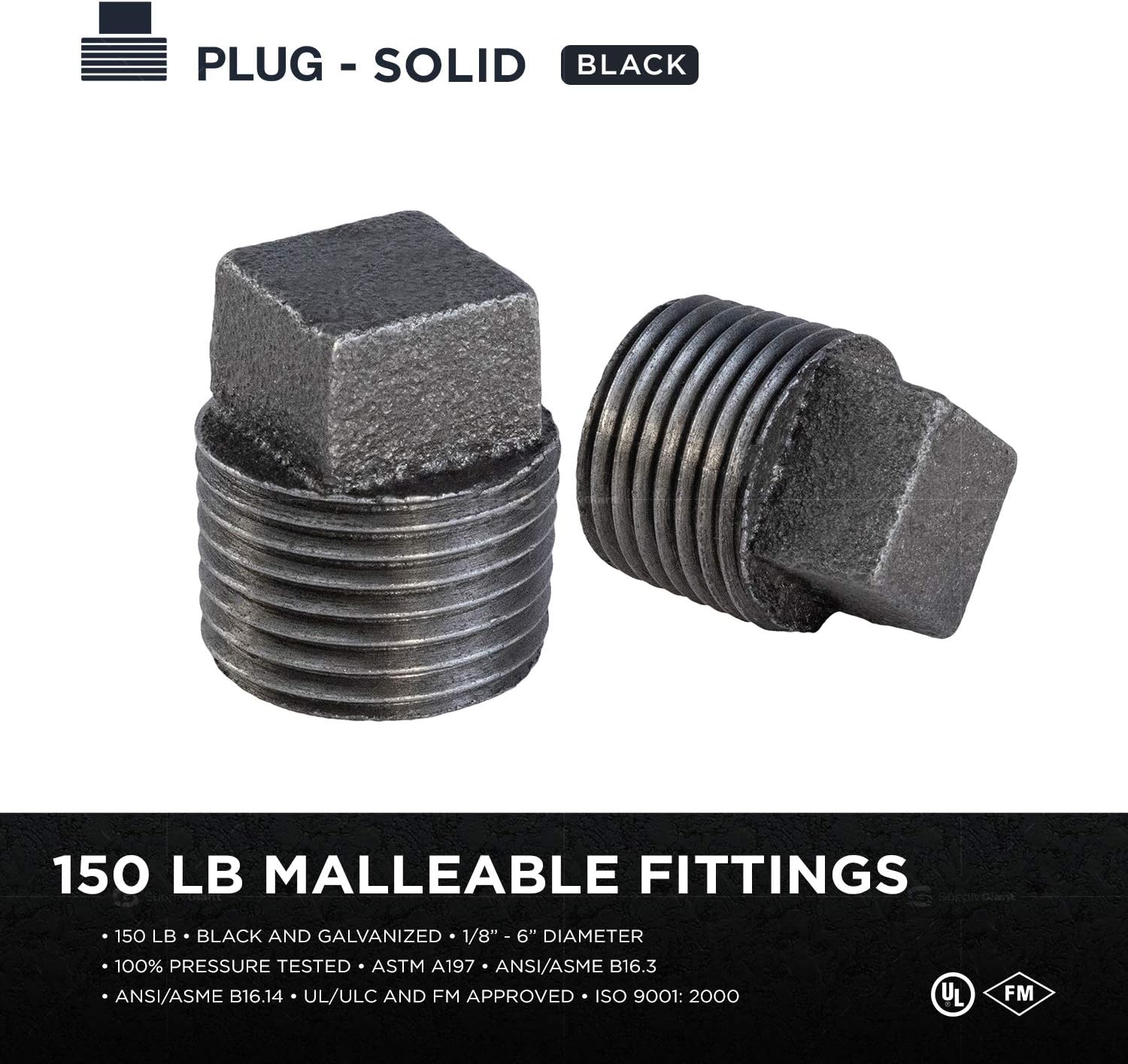 SUPPLYGIANT BMPL1000S-5 BMPL1000-5 Black Pipe Fitting, Malleable Iron Plug with Square Head Threaded Connector 1 Inch (Pack of 5)