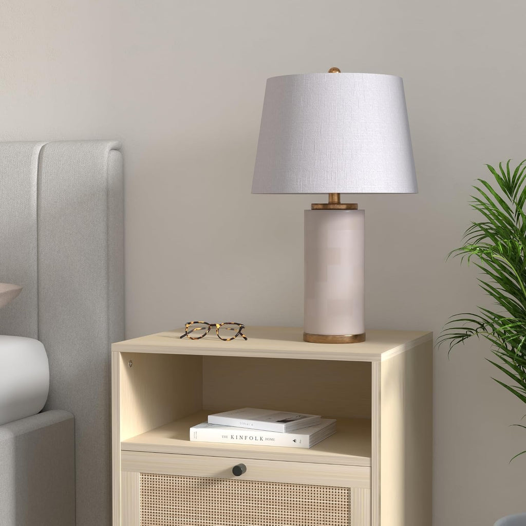 JONATHAN Y 25.5' White/Gold Leaf Alabaster 2-Light Rectangular Table Lamp with Night Light Modern Coastal Bedside Lamp for Bedroom with White Linen Drum Shade LED Bulbs Included JYL6203A