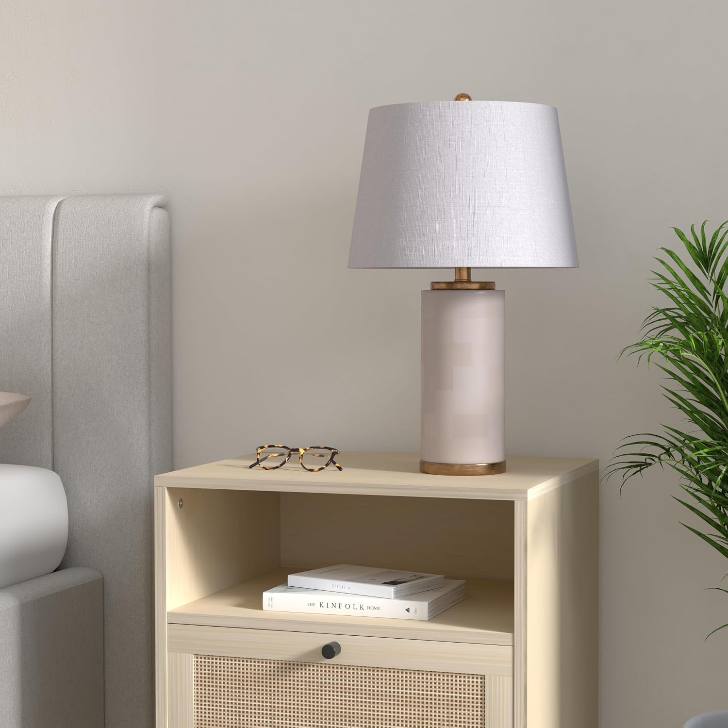 JONATHAN Y 25.5' White/Gold Leaf Alabaster 2-Light Rectangular Table Lamp with Night Light Modern Coastal Bedside Lamp for Bedroom with White Linen Drum Shade LED Bulbs Included JYL6203A