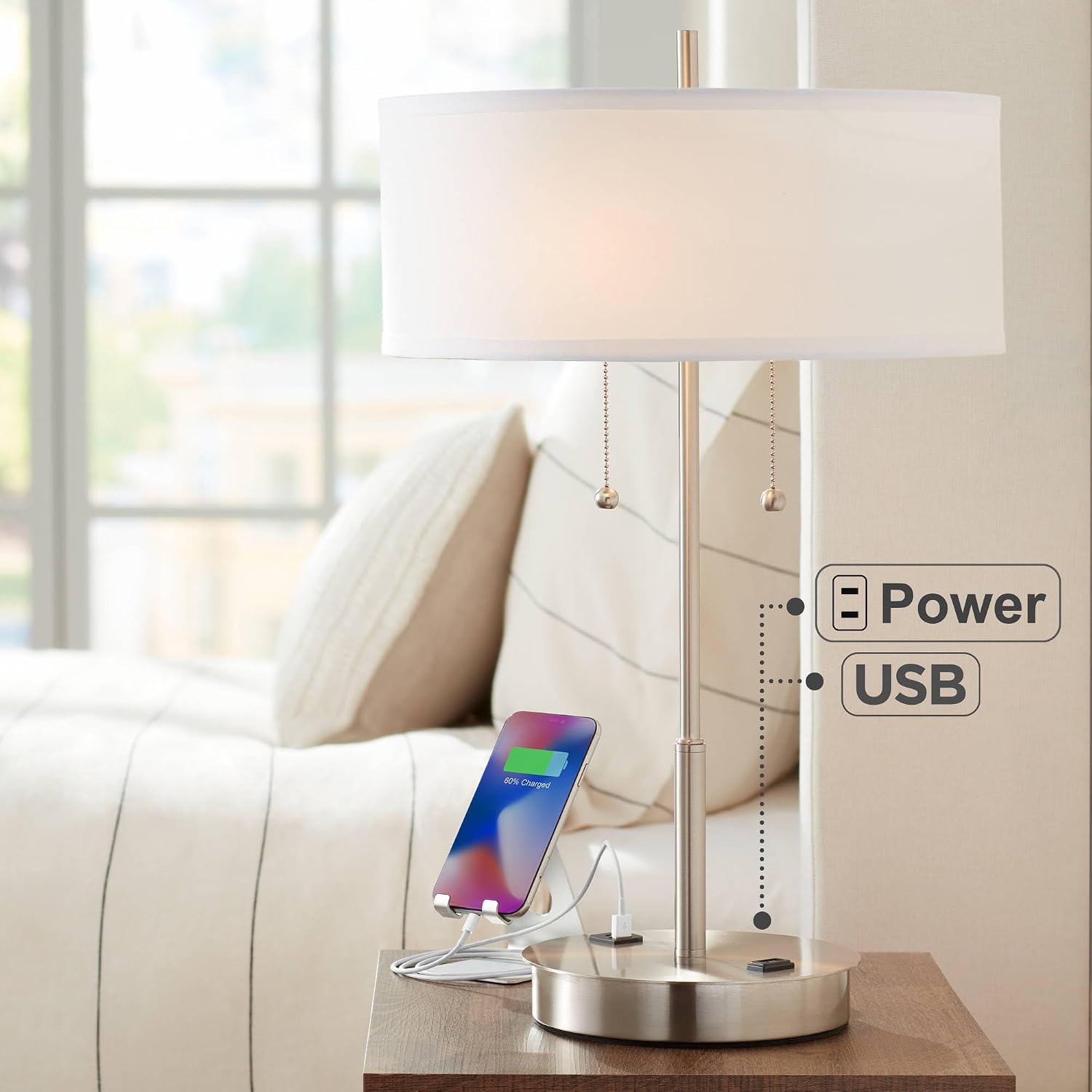 360 Lighting Nikola 23.75' High Modern Accent Table Lamp with USB Charging Ports A+C and AC Power Outlet Hotel Style Silver White Drum Shade Living Room Desk Bedroom House Bedside Nightstand Home