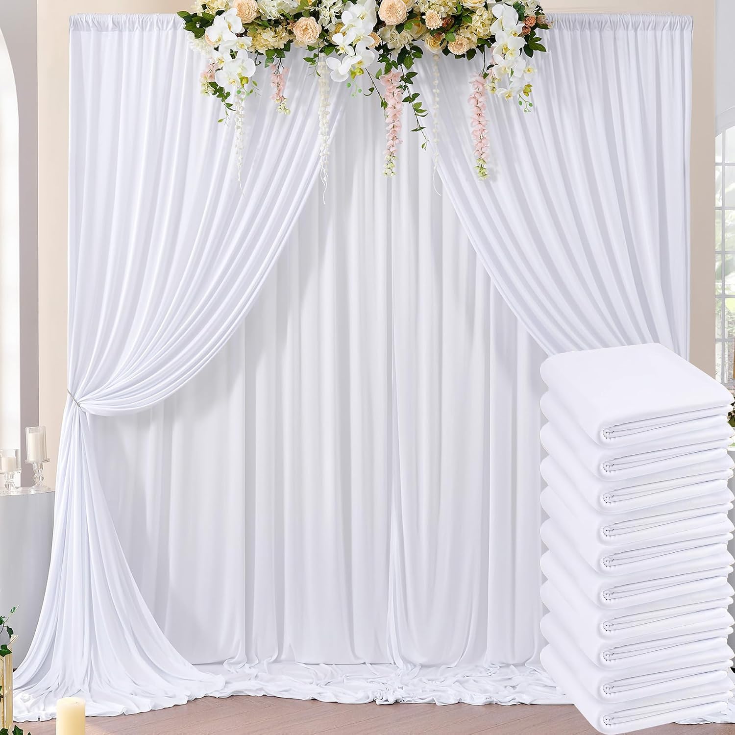 50ft x 8ft Wrinkle Free White Backdrop Curtains for Parties, 10 Panels 5ftx8ft Polyester Photo Backdrop Drapes for Weddings Birthday Photography Background Curtains