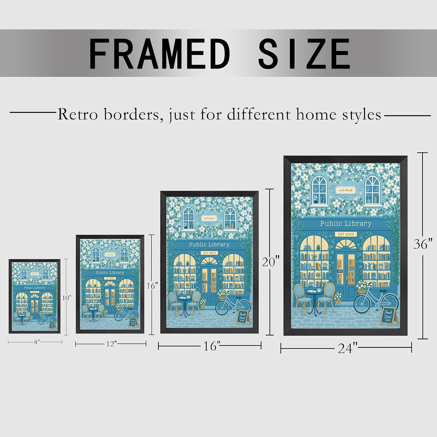 Black Framed Flat Vintage Public Library Illustration Poster Cool Street Est 2025 Canvas Wall Art Book-Filled Windows Prints Painting For Home Bedroom Dorm Wall Decor 24x36in Black Framed Flat