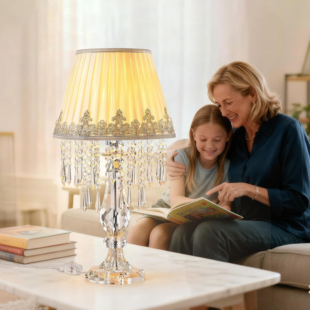 Siljoy Crystal Table Lamp Set of 2, 22.8'' Tall Modern Crystal Bedside Table Lamp, Farmhouse Dimmable Nightstand Lamp with Raindrop K9 Crystals for Living Room Dining Room Bedroom