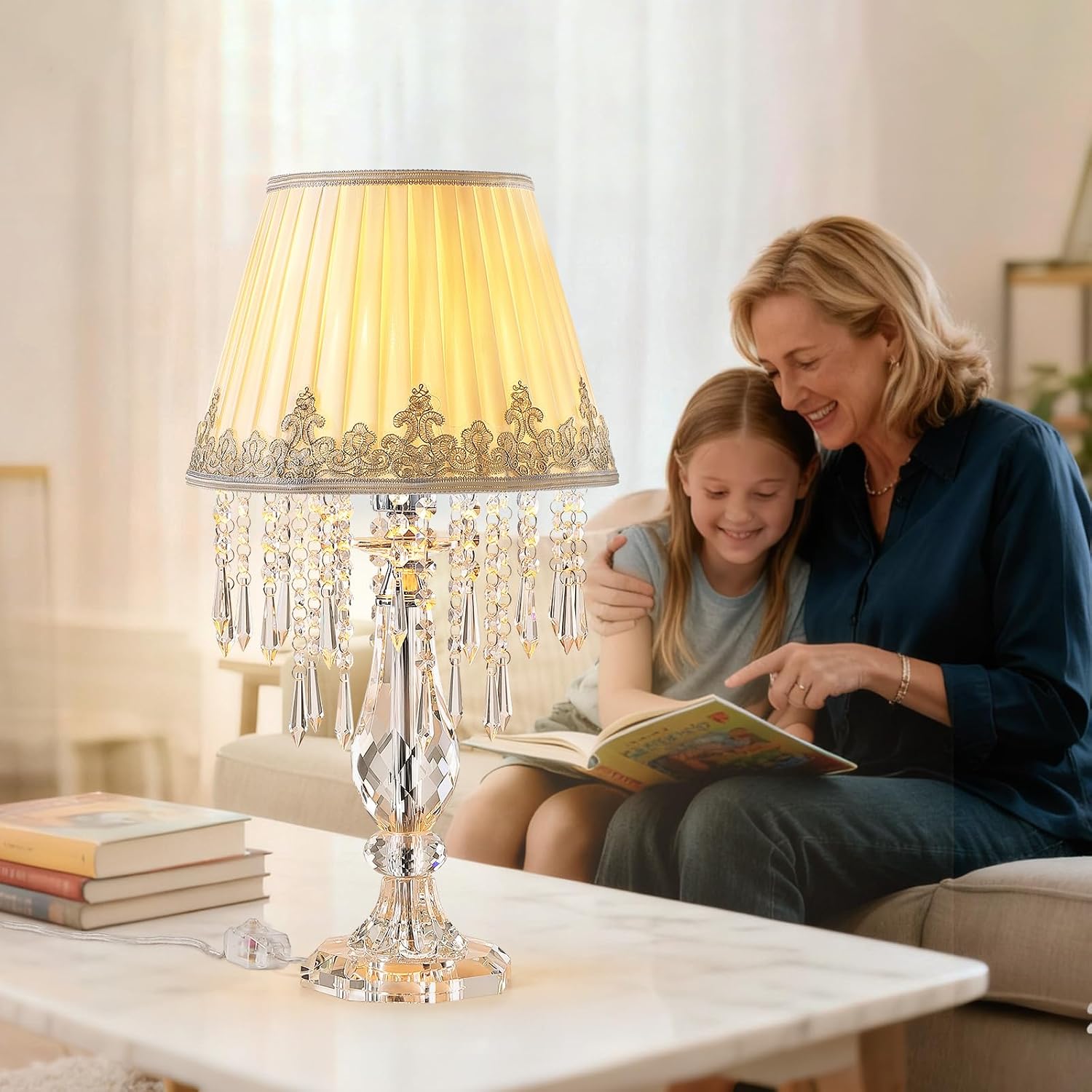 Siljoy Crystal Table Lamp Set of 2, 22.8'' Tall Modern Crystal Bedside Table Lamp, Farmhouse Dimmable Nightstand Lamp with Raindrop K9 Crystals for Living Room Dining Room Bedroom