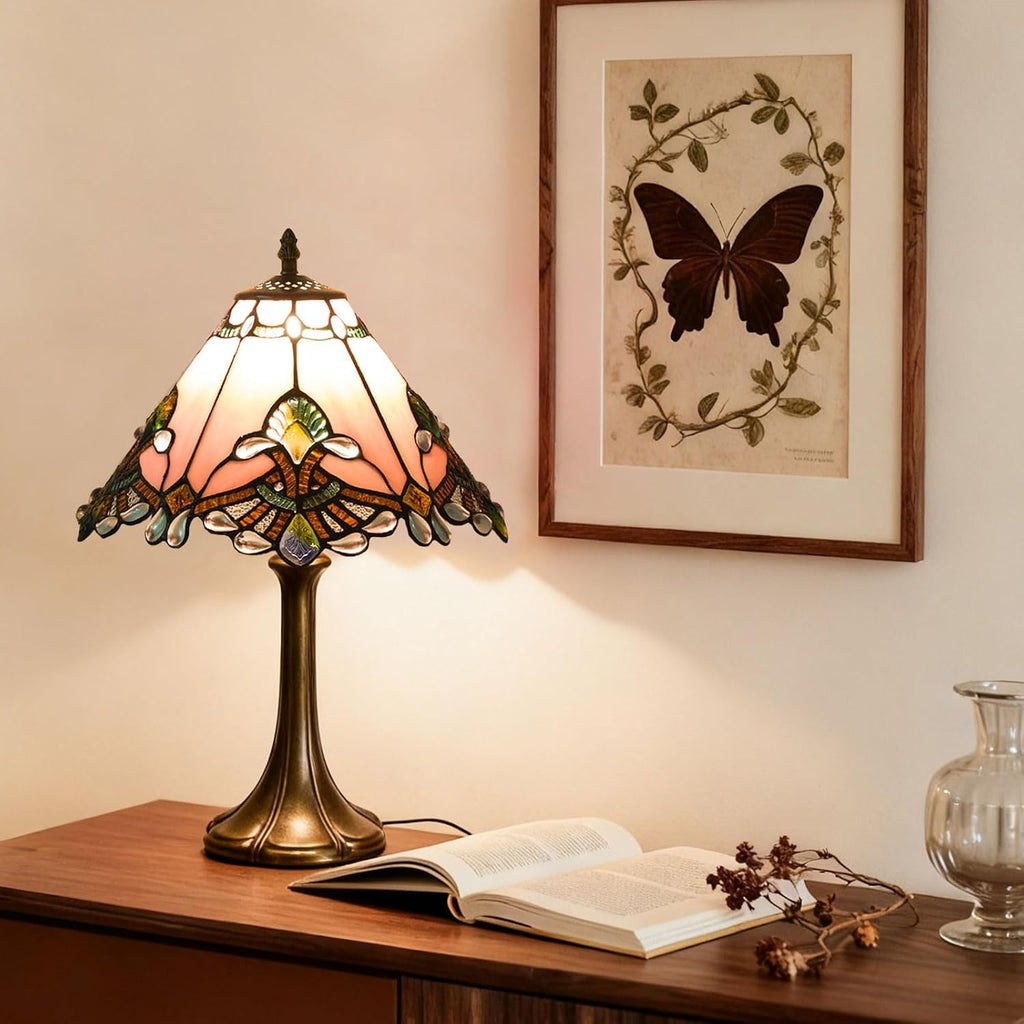 12 Inch Baroque Style Tiffany Table Lamp, Vintage Stained Glass Desk Lamp with Remote Control, 3 Color Temperature & Brightness Level for Office Home Bedroom Living (Pink)