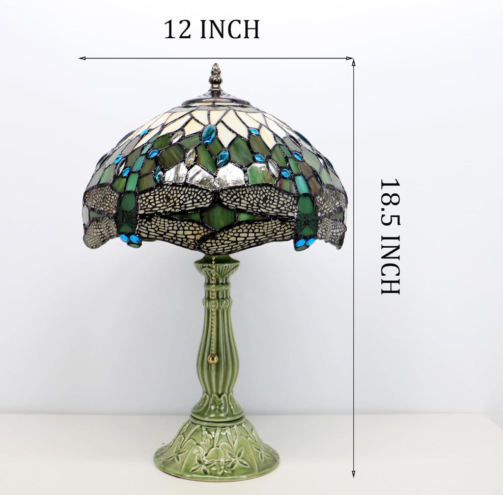 Tiffany Lamp Stained Glass Table Lamps Amber White Dragonfly Style Desk Lamp 12X12X18.5 Inch Bronze Ceramic Base Reading Light Suitable for Bedside Bedroom Living Room Dining Room Office