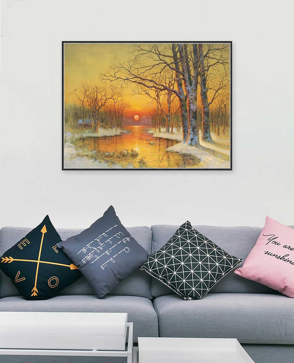 Toperfect 30 Original Landscape Paintings Winter Art Canvas, After Snow Wall Painting Nature, Trees by Water Room decor, Handmade Orange Warm Sunset Home Decorations by College Teachers 1