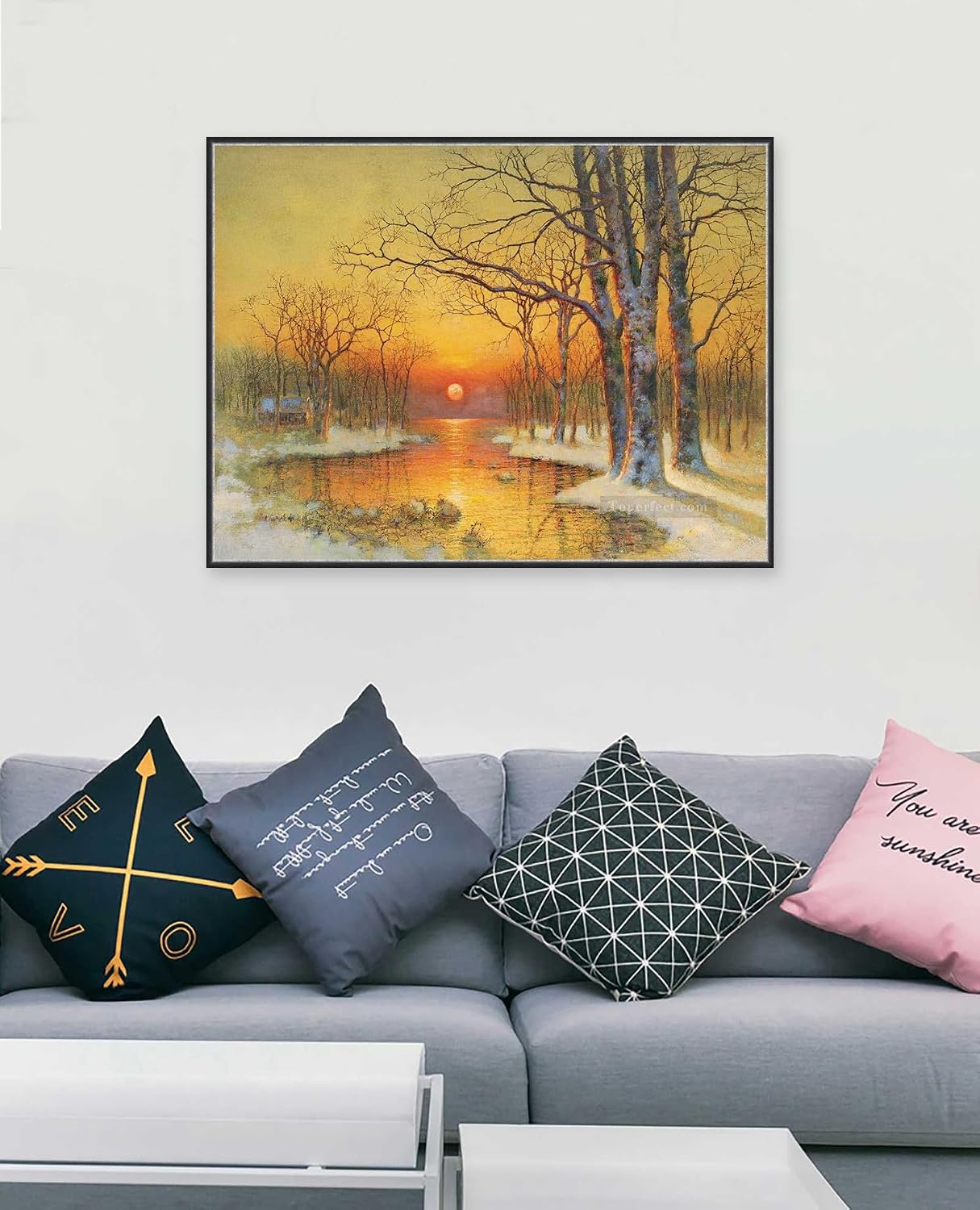 Toperfect 30 Original Landscape Paintings Winter Art Canvas, After Snow Wall Painting Nature, Trees by Water Room decor, Handmade Orange Warm Sunset Home Decorations by College Teachers 2