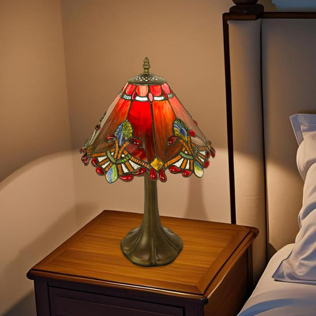 JHuiLap 12 Inch Tiffany Style Table Lamp, Baroque Stained Glass Lamp with Remote Control, Stepless Dimmable & 3 Color Temperatures, Desk Lamps for Bedroom Farmhouse Bedside Nightstand Bedside (Red)