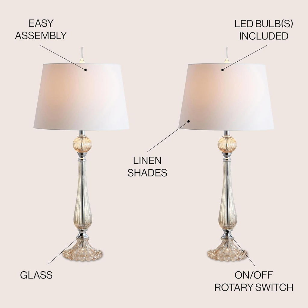 JONATHAN Y 32.5' Champagne Glass Table Lamp Set of 2 for Living Room Bedroom, Traditional French Country Bedside Lamps with White Faux Silk Shade, LED Bulbs Included JYL2067A-SET2