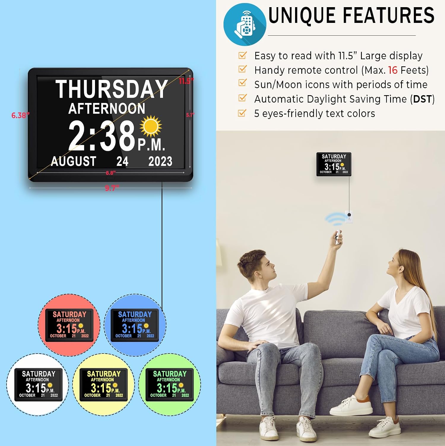 MASSII 11.5' Black+ 7' Black +7' White Digital Clock with Auto DST and 20 Alarms Custom Reminders, Non-Abbreviated Calendar Day Date Clock for Seniors Dementia Alzheimers'