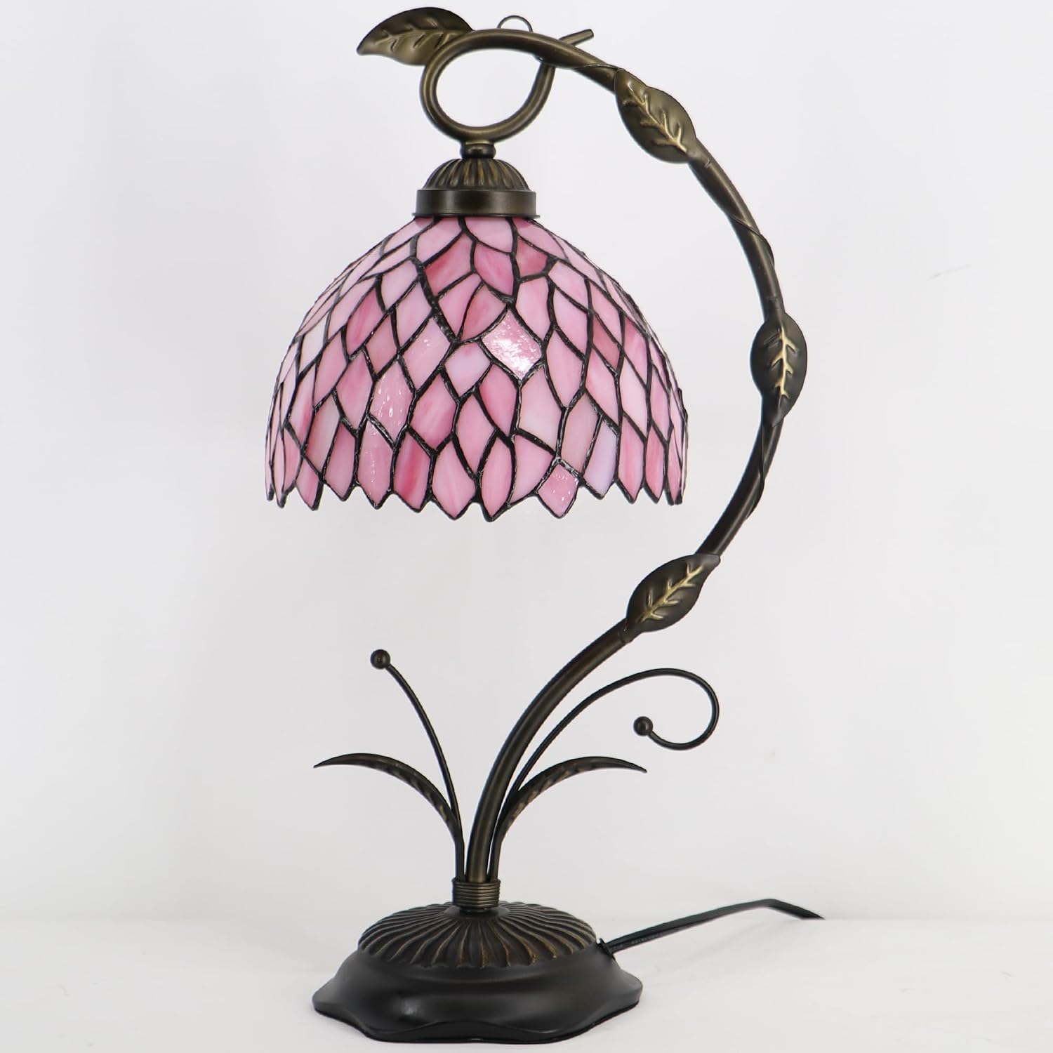 Tiffany Table Lamp, Stained Glass Desk Reading Light, 8X10X19 Inches, Metal Leaf Base (Pink Wisteria)